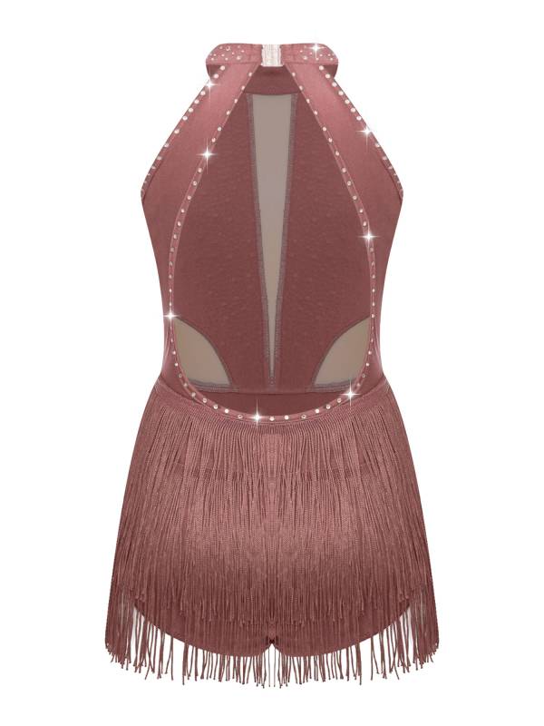 Kids Girls Sparkly Rhinestone Sleeveless Tassel Latin Dance Leotard thumb