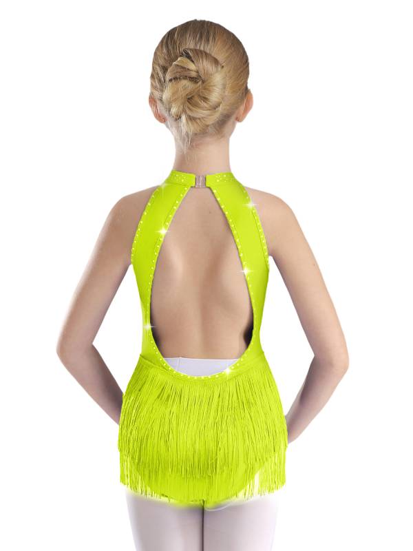 Kids Girls Sparkly Rhinestone Sleeveless Tassel Latin Dance Leotard thumb