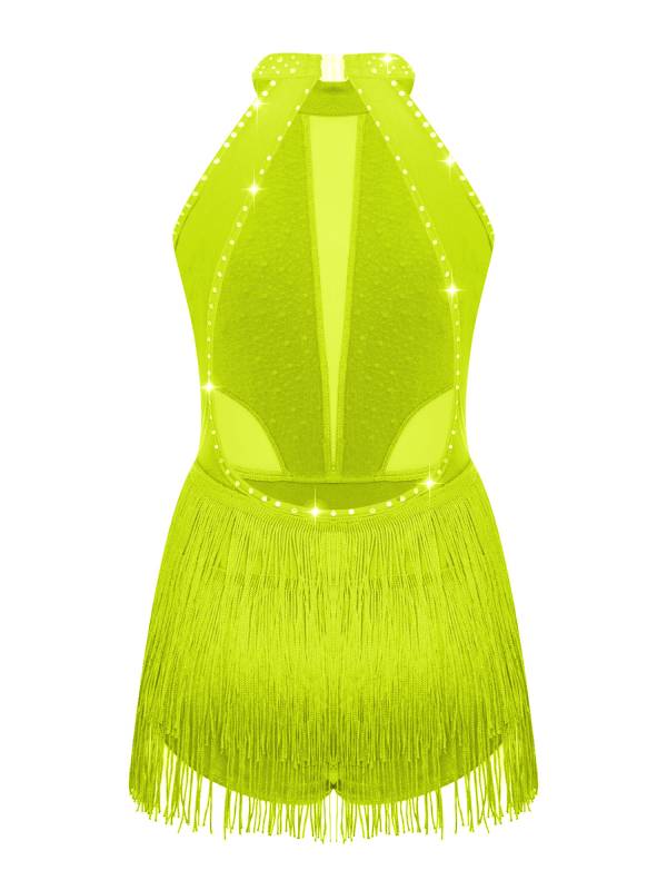 Kids Girls Sparkly Rhinestone Sleeveless Tassel Latin Dance Leotard thumb