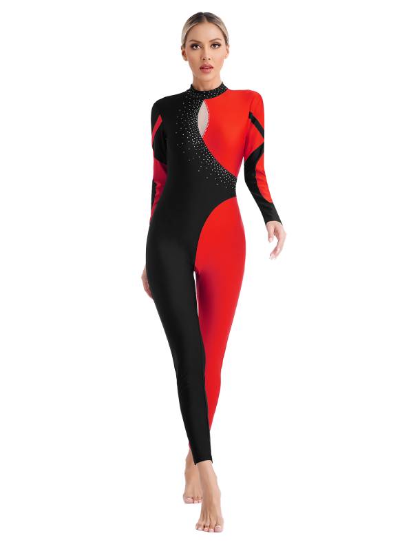 Women Glittery Rhinestones Long Sleeve Gymnastics Unitards thumb