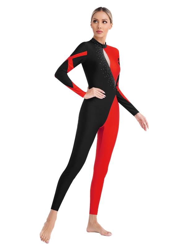 Women Glittery Rhinestones Long Sleeve Gymnastics Unitards thumb