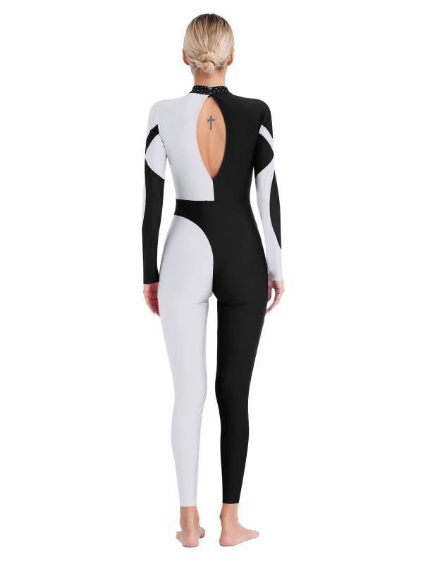 Women Glittery Rhinestones Long Sleeve Gymnastics Unitards thumb