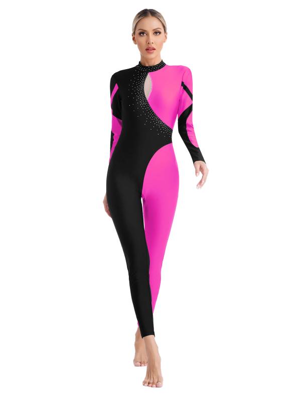 Women Glittery Rhinestones Long Sleeve Gymnastics Unitards thumb