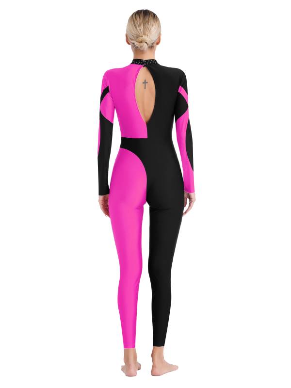Women Glittery Rhinestones Long Sleeve Gymnastics Unitards thumb