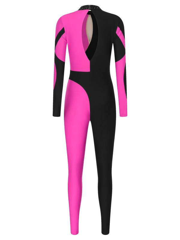 Women Glittery Rhinestones Long Sleeve Gymnastics Unitards thumb