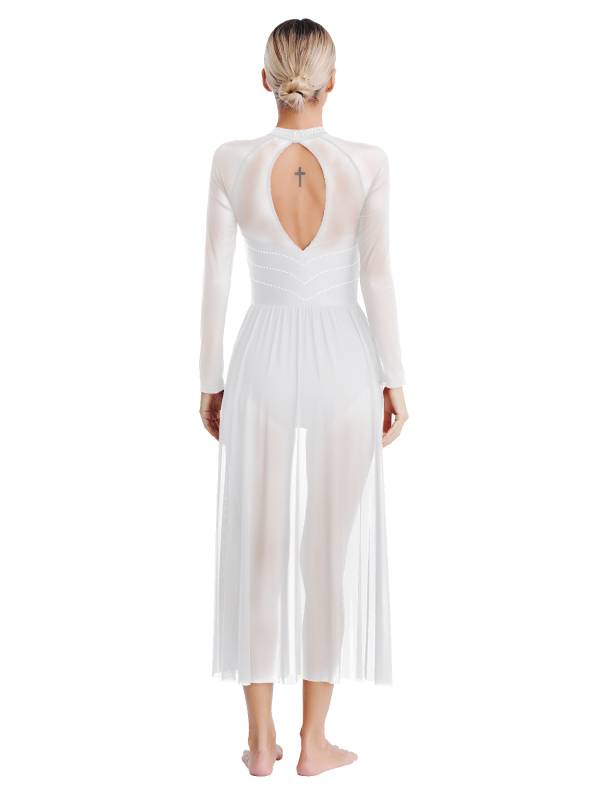 Women Rhinestones Long Sleeve Lyrical Dance Leotard Maxi Dresses thumb