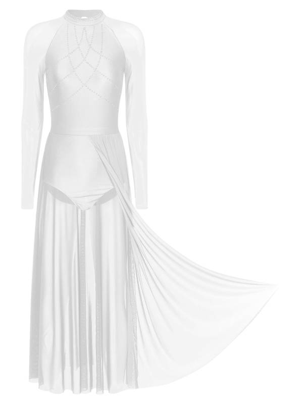 Women Rhinestones Long Sleeve Lyrical Dance Leotard Maxi Dresses thumb