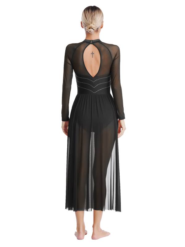Women Rhinestones Long Sleeve Lyrical Dance Leotard Maxi Dresses thumb
