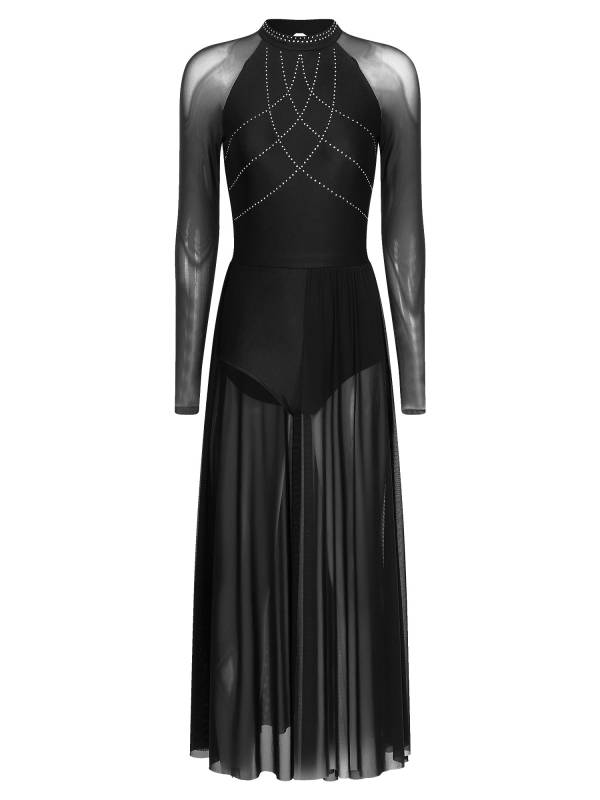 Women Rhinestones Long Sleeve Lyrical Dance Leotard Maxi Dresses thumb