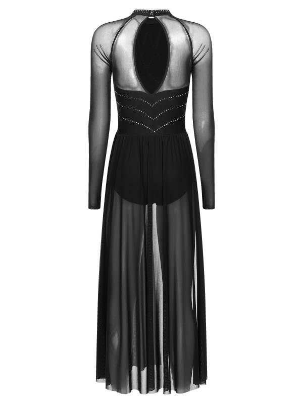 Women Rhinestones Long Sleeve Lyrical Dance Leotard Maxi Dresses thumb