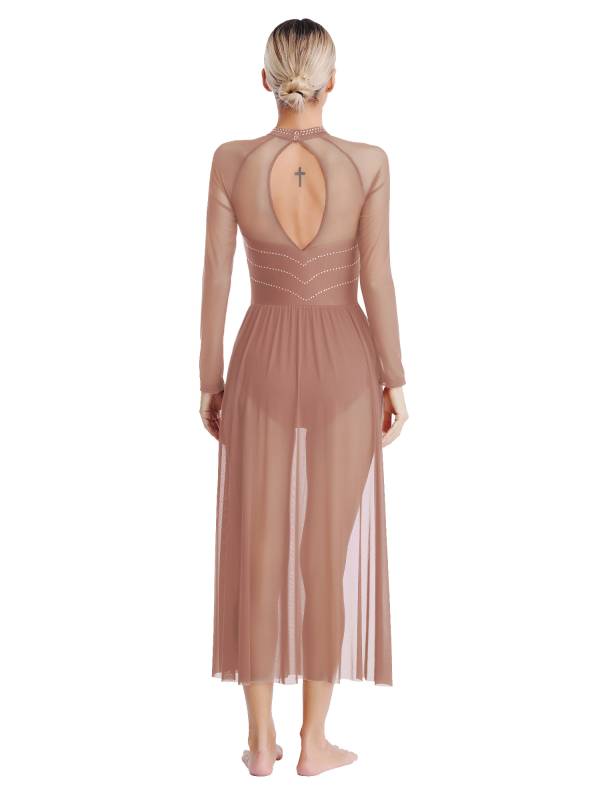 Women Rhinestones Long Sleeve Lyrical Dance Leotard Maxi Dresses thumb