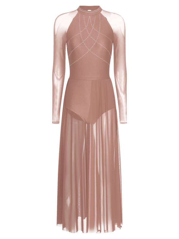Women Rhinestones Long Sleeve Lyrical Dance Leotard Maxi Dresses thumb