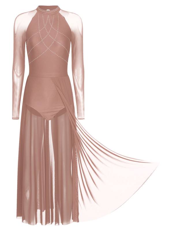 Women Rhinestones Long Sleeve Lyrical Dance Leotard Maxi Dresses thumb