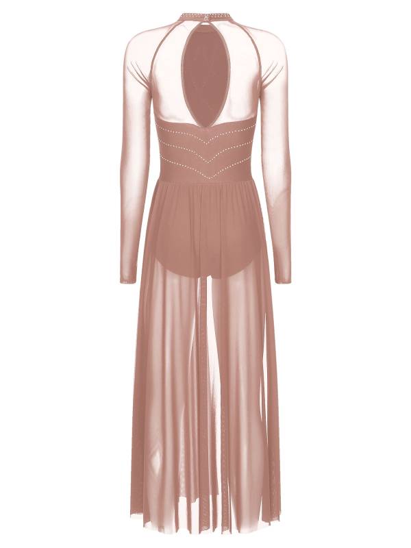 Women Rhinestones Long Sleeve Lyrical Dance Leotard Maxi Dresses thumb