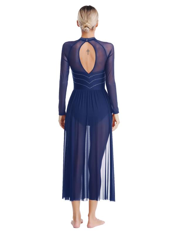 Women Rhinestones Long Sleeve Lyrical Dance Leotard Maxi Dresses thumb