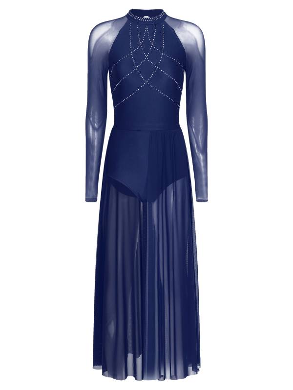 Women Rhinestones Long Sleeve Lyrical Dance Leotard Maxi Dresses thumb