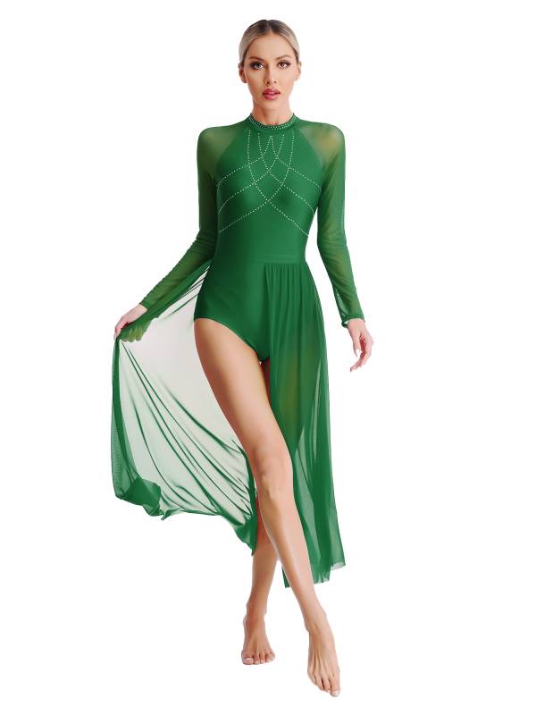 Women Rhinestones Long Sleeve Lyrical Dance Leotard Maxi Dresses thumb