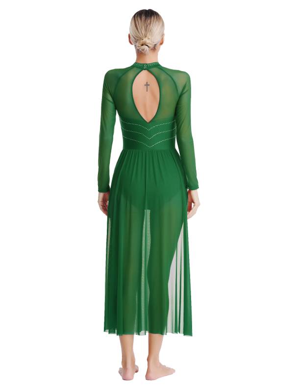Women Rhinestones Long Sleeve Lyrical Dance Leotard Maxi Dresses thumb