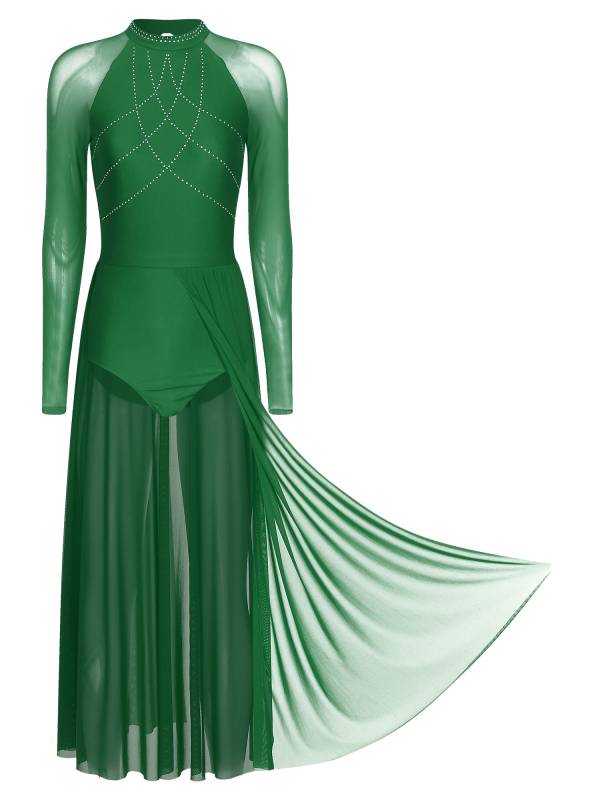 Women Rhinestones Long Sleeve Lyrical Dance Leotard Maxi Dresses thumb