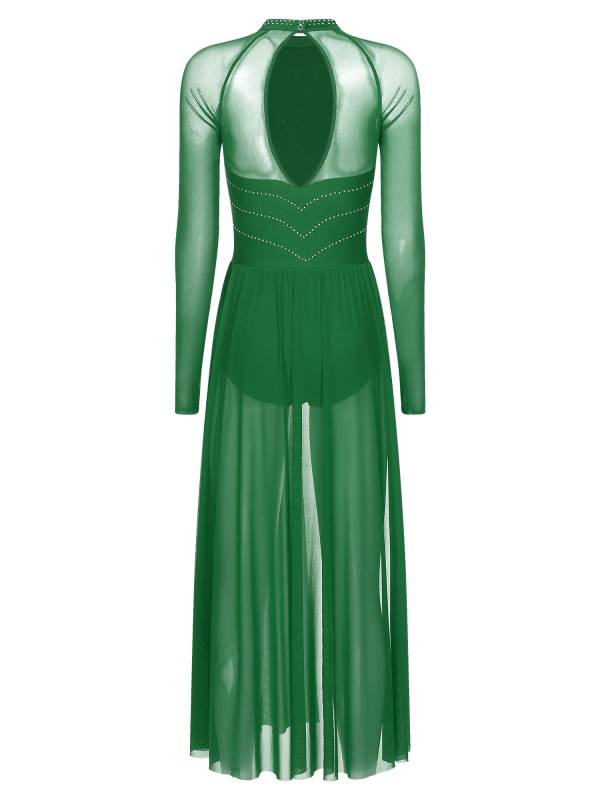 Women Rhinestones Long Sleeve Lyrical Dance Leotard Maxi Dresses thumb