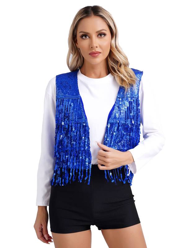Women Allover Sequin Tassel Open Front Party Vest Waistcoat thumb
