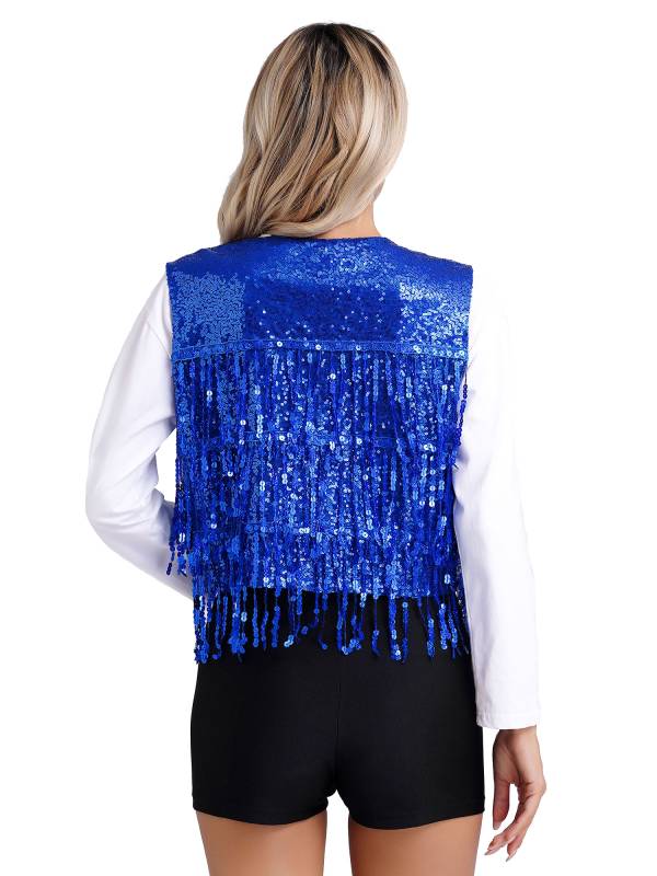 Women Allover Sequin Tassel Open Front Party Vest Waistcoat thumb