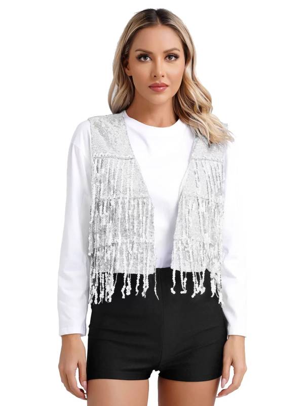 Women Allover Sequin Tassel Open Front Party Vest Waistcoat thumb