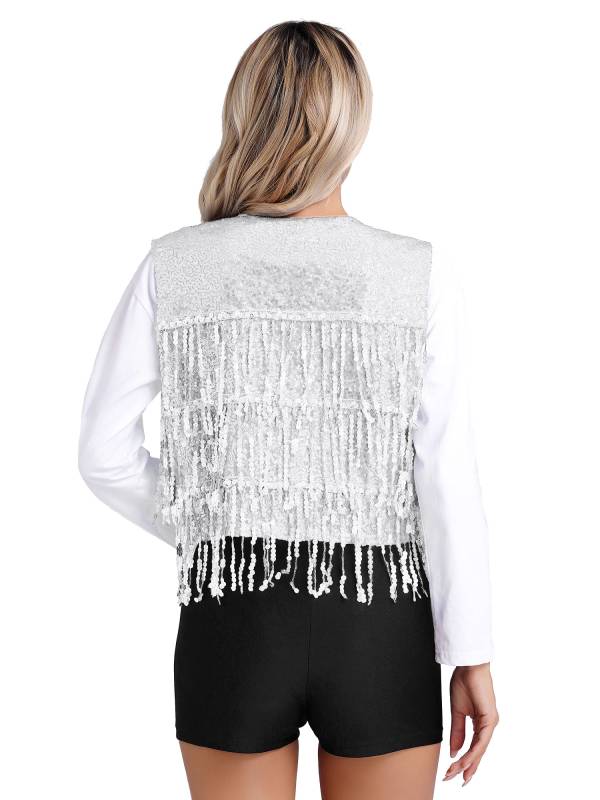 Women Allover Sequin Tassel Open Front Party Vest Waistcoat thumb