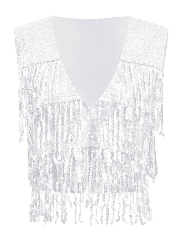 Women Allover Sequin Tassel Open Front Party Vest Waistcoat thumb