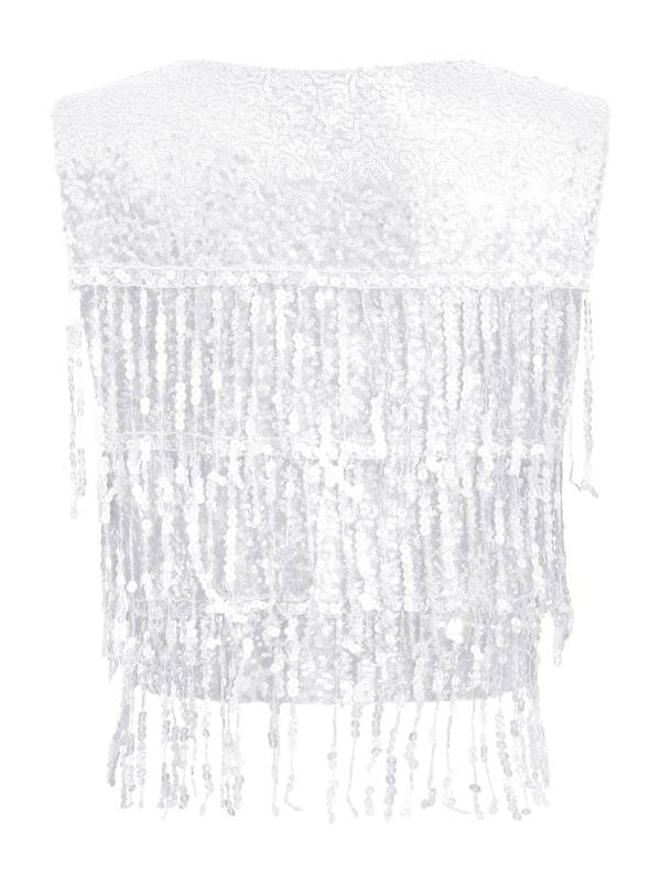 Women Allover Sequin Tassel Open Front Party Vest Waistcoat thumb