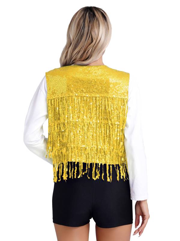 Women Allover Sequin Tassel Open Front Party Vest Waistcoat thumb