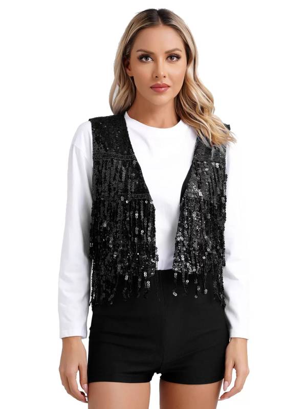 Women Allover Sequin Tassel Open Front Party Vest Waistcoat thumb