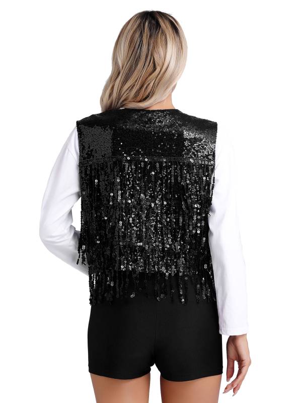 Women Allover Sequin Tassel Open Front Party Vest Waistcoat thumb
