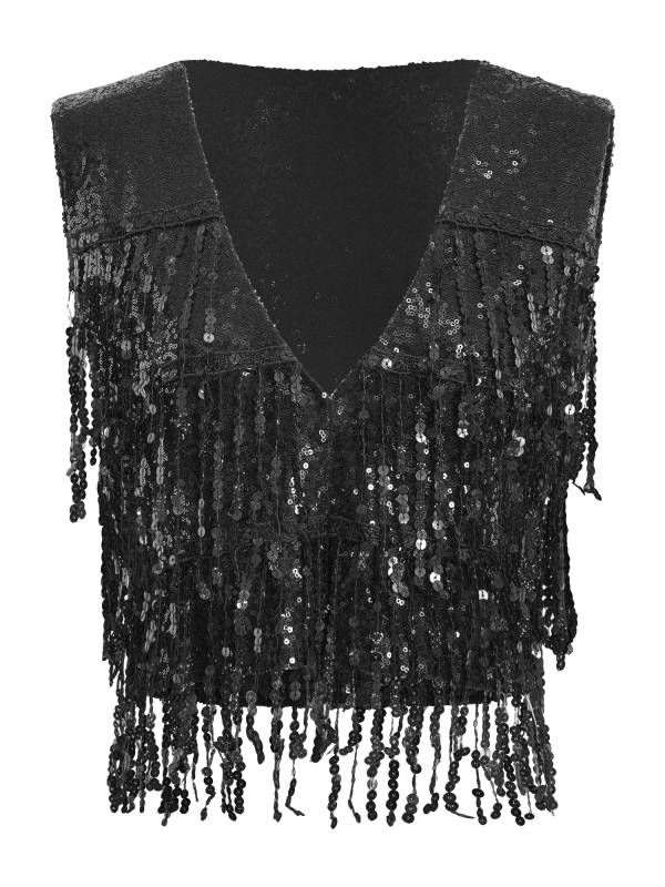 Women Allover Sequin Tassel Open Front Party Vest Waistcoat thumb