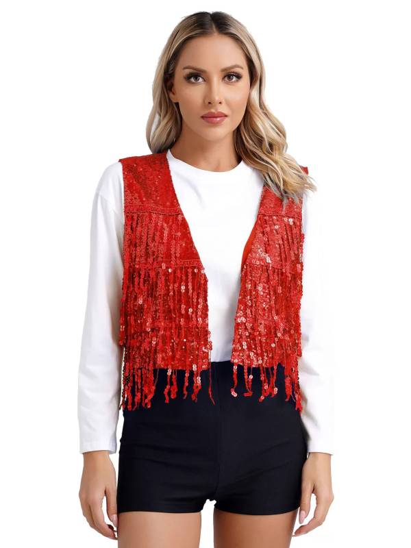 Women Allover Sequin Tassel Open Front Party Vest Waistcoat thumb