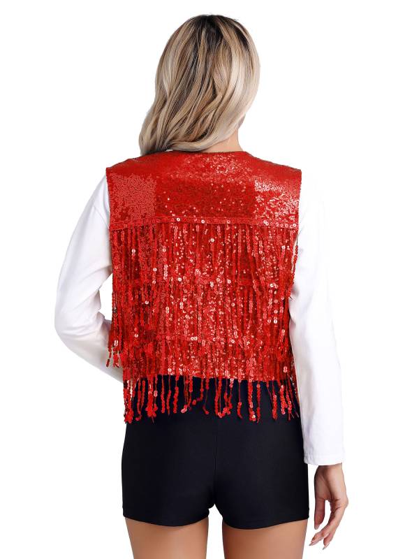 Women Allover Sequin Tassel Open Front Party Vest Waistcoat thumb
