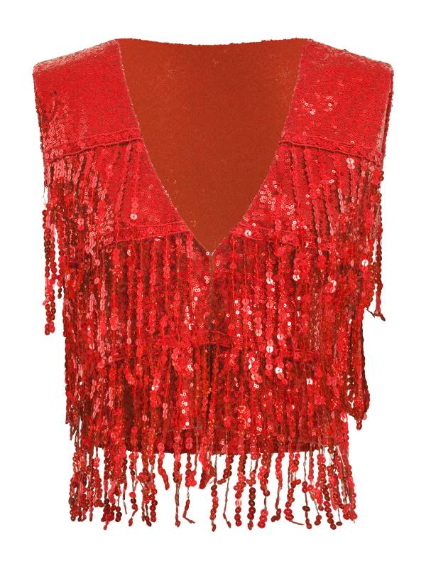 Women Allover Sequin Tassel Open Front Party Vest Waistcoat thumb