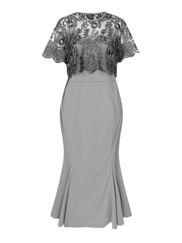 Women Embroidered Lace Mother of Bride Fishtail Dress thumb