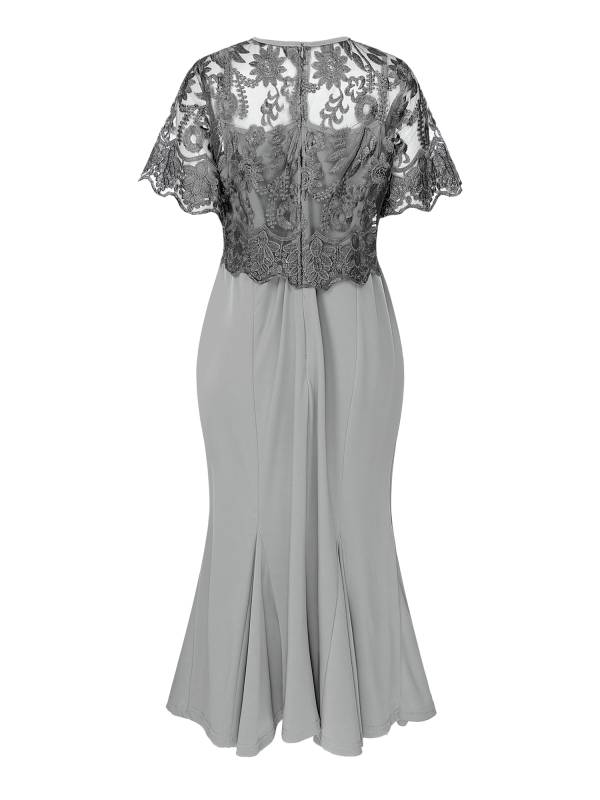 Women Embroidered Lace Mother of Bride Fishtail Dress thumb