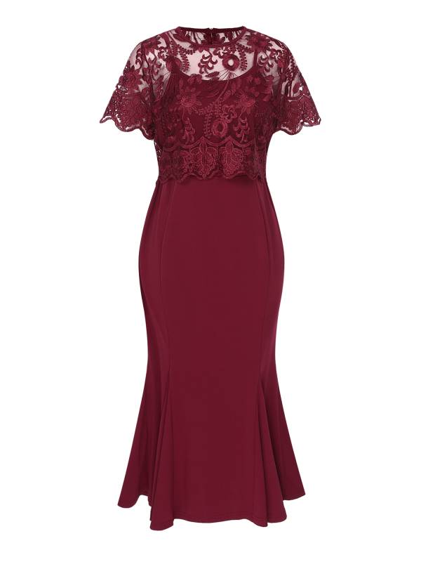 Women Embroidered Lace Mother of Bride Fishtail Dress thumb