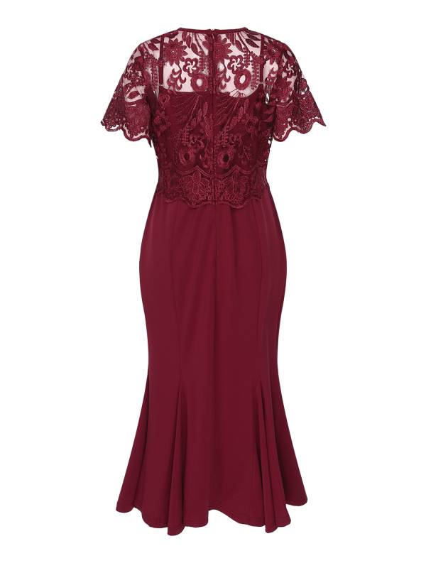 Women Embroidered Lace Mother of Bride Fishtail Dress thumb