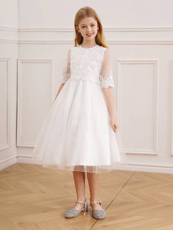Kids Girls Embroidery Half Sleeve Ball Gown Tulle Flower Girl Dress thumb