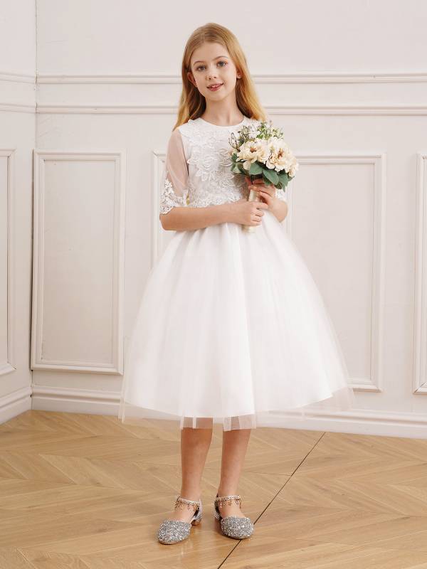 Kids Girls Embroidery Half Sleeve Ball Gown Tulle Flower Girl Dress thumb