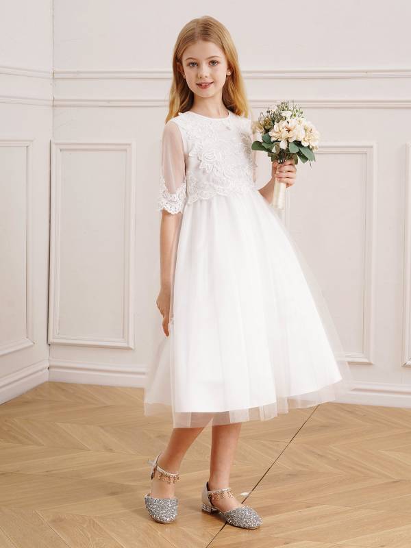 Kids Girls Embroidery Half Sleeve Ball Gown Tulle Flower Girl Dress thumb