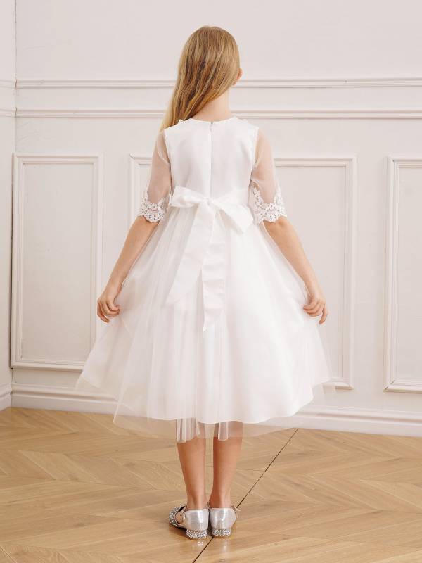 Kids Girls Embroidery Half Sleeve Ball Gown Tulle Flower Girl Dress thumb
