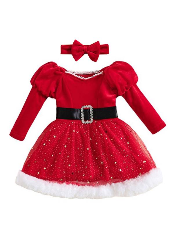 Toddler Girls Christmas Santa Claus Long Sleeve Velvet Tutu Dress with Headband thumb