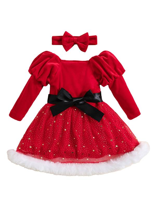 Toddler Girls Christmas Santa Claus Long Sleeve Velvet Tutu Dress with Headband thumb