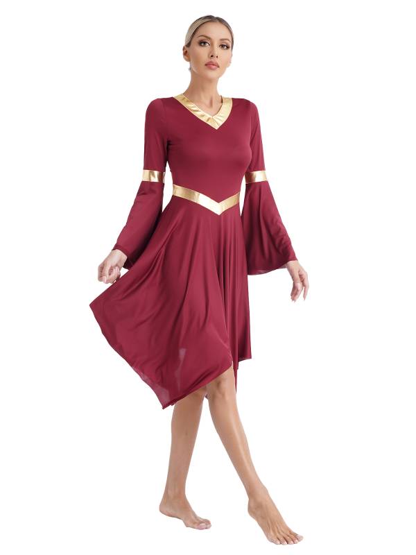 Women V Neck Flare Sleeve Worship Dance Dress thumb