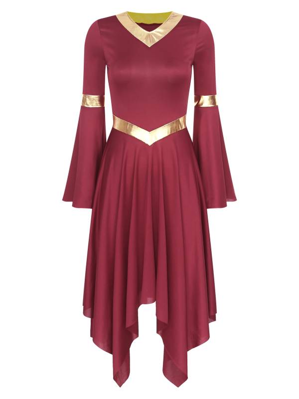 Women V Neck Flare Sleeve Worship Dance Dress thumb