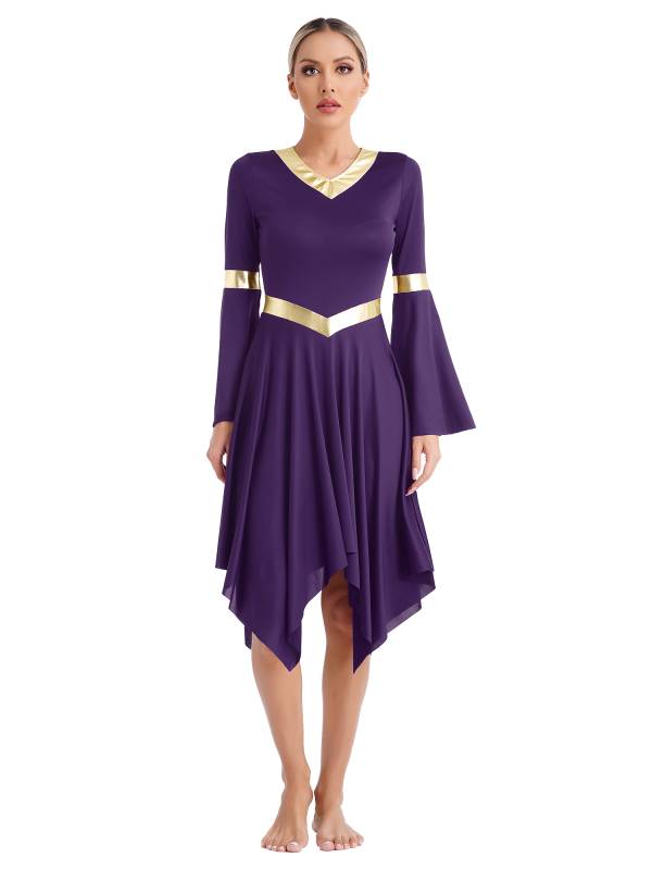 Women V Neck Flare Sleeve Worship Dance Dress thumb